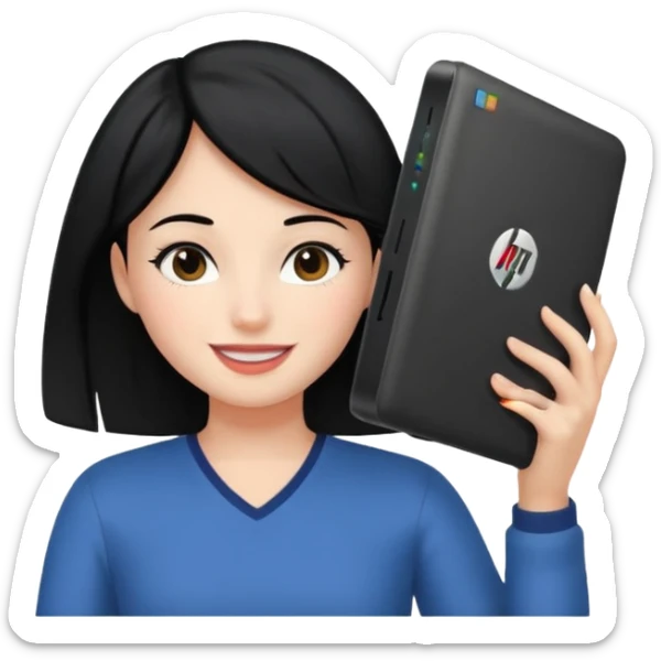 A girl is in front of an HP computer, holding it to her head, and her hair is black. sticker