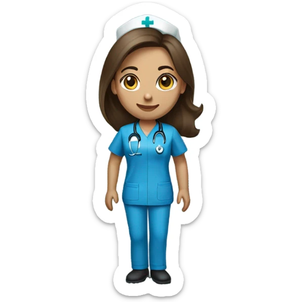 Nurse, woman, long brunette hair, blue scrubs no stethescope sticker