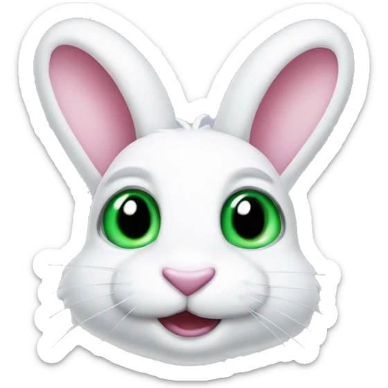 Milky white rabbit head smiling with blue eyes and green pupils, has an eyepatch on his right eye. pink nose sticker