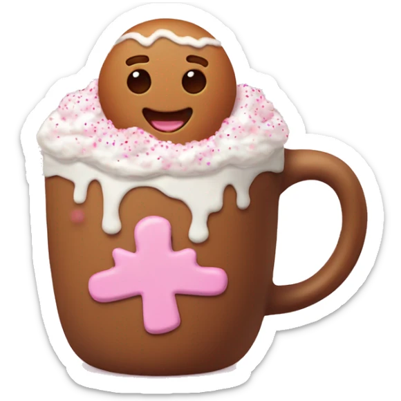 Brown gingerbread man mug with baby pink decoration with hot chocolate with whipped cream and pink sprinkles  sticker