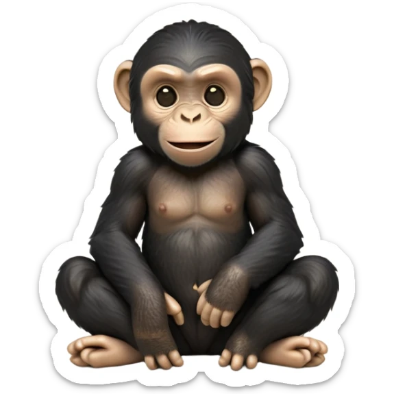 cinematic-cute chimpanzee-realistic-full-body-sitting-emoji,-long-powerful-arms-resting-on-its-knees,-expressive-dark-eyes-filled-with-intelligence-and-curiosity,-coarse-black-fur-textured-and-detailed,-softly-wrinkled-face-hinting-at-a-mischievous-smile,-slightly-open-mouth-showing-a-glimpse-of-teeth,-simplified-yet-realistic-focused-features,-highly-detailed,-glowing-with-a-warm-jungle-light

 sticker