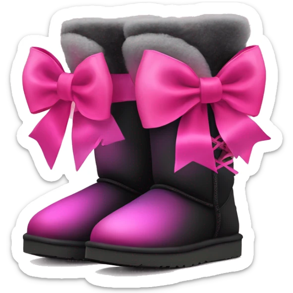 Pair of black and hot pink ombre Ugg fur boots laced up with pink silk ribbon bows. sticker