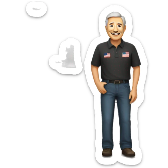 older man with american flag waiving, brown hair and SENSOS written on wall behind him sticker