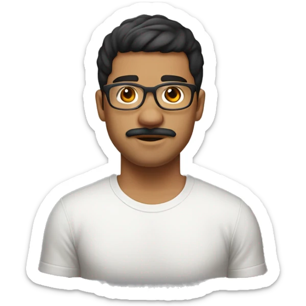 Latino man with mustache, 25 years old, weight 80 kilos.  with clear frame glasses and a short haircut with bangs, gold earrings and a white t-shirt. sticker