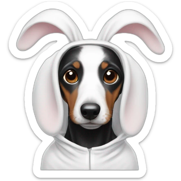a black dachshund dog in a white bunny costume with bunny ears on the hood sticker