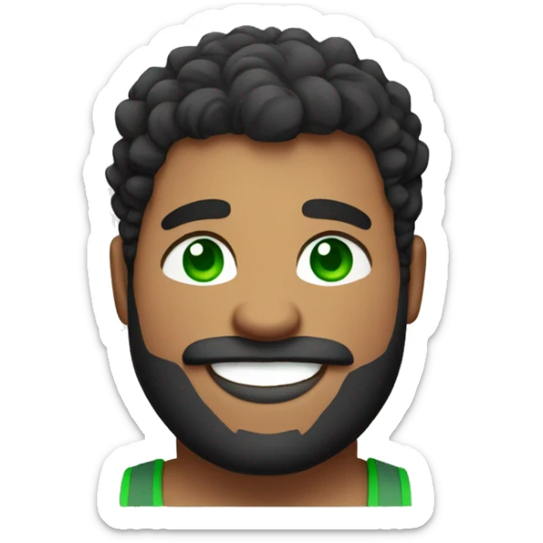 Chubby muscular male with a dark red beard and curly hair, green eyes and smiling sticker