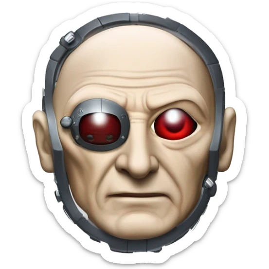 Jean luc picard from Star Trek assimilated by the Borg, with mechanical metal covering only one eye with a red glass lens over the same eye  sticker