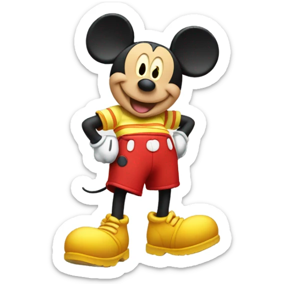 Mickey Mouse wearing red shorts and big yellow shoes, smiling happily. sticker