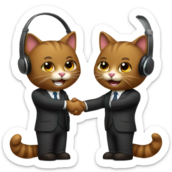Two brown adult, happy cats, shaking hands in suits with headphones on.   sticker