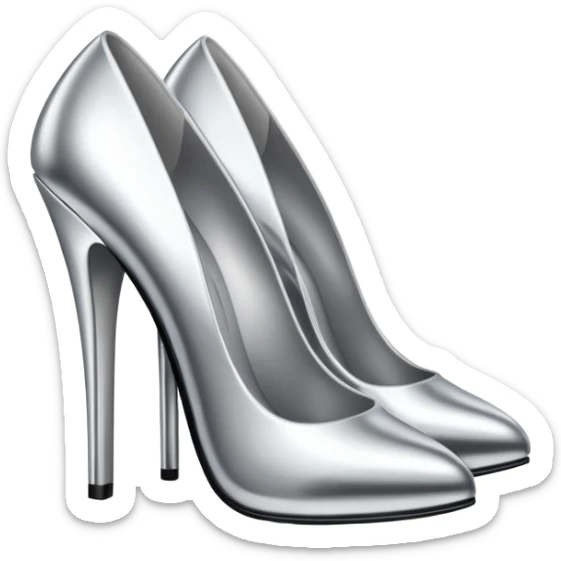 A pair of high heel shoes emoji made of polished silver chrome, elegant sharp silhouette, smooth metallic surface, glossy reflections, luxury sexy vibe, minimalistic iOS emoji style, centered, clean white background sticker