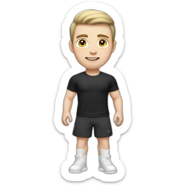 Pale skinned Fit Man With the biceps and dark brown hair in black shirt, gray sports shorts and white Sneakers sticker