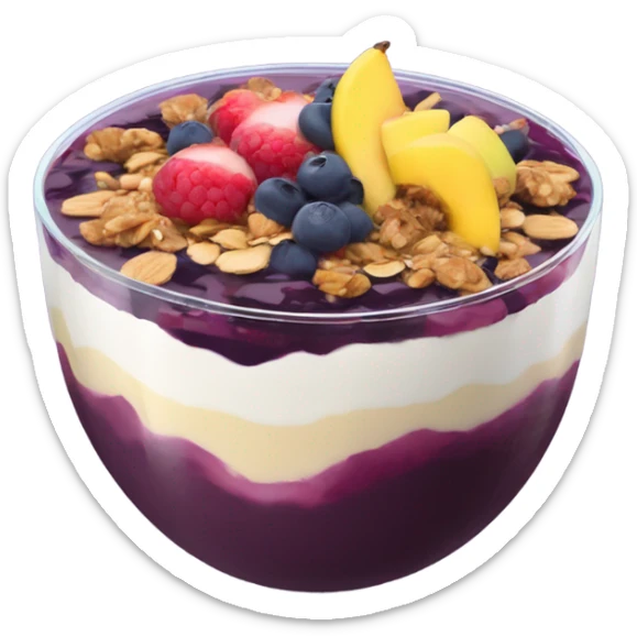 Açaí in a clear cup with layers of fruits and granola and condensed milk sticker