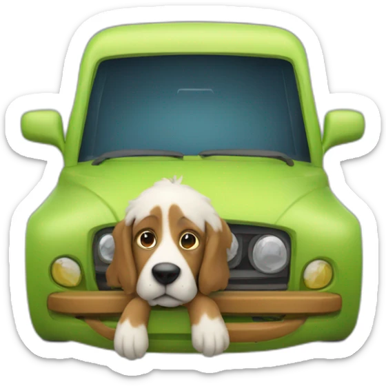 In the car, a dog with a parrot on its nose peeks out of the onyuk sticker