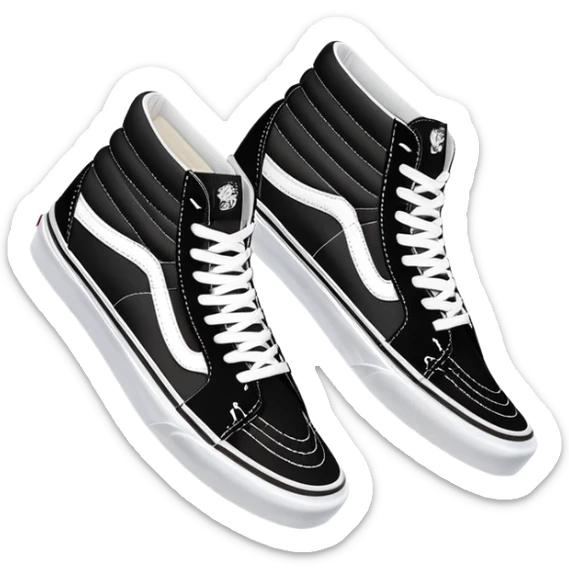 Pair of black Vans Sk8-Hi sneakers clearly arranged with one directly behind the other, high-top skate shoes with white jazz stripe, black canvas upper, white stitching, white rubber sole sticker