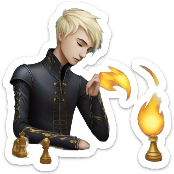 Hamlet young skinny sad man iridescent hair wearing raven feathers with golden flames yin yang chess board sticker