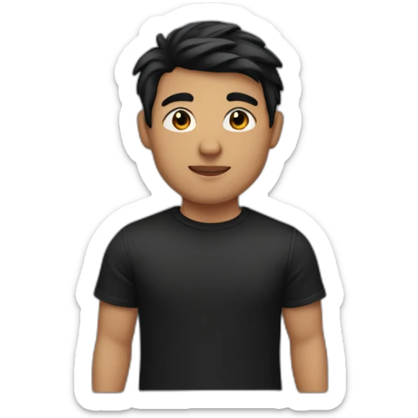 Youth man has a skin color of 6 from 10 white medium black hair and a light chin and wearing a black T-shirt sticker