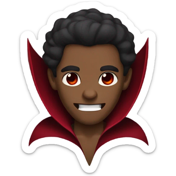 vampire, with brown skin red eyes, with fangs wearing a burgundy and red  cape sticker