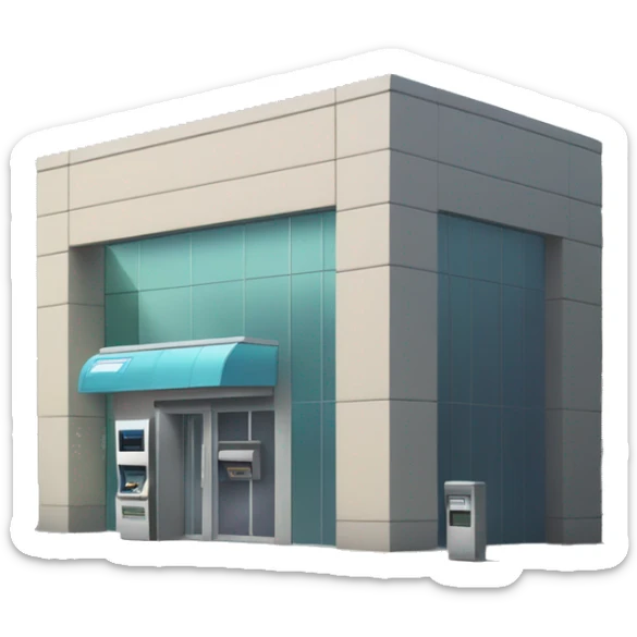 Small bank building with a modern design, glass entrance, and an ATM outside. The scene is set on a quiet street with a few parked cars nearby. sticker