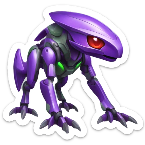 a shiny purple-green-red Genesect-Raptor-Fakémon—hybrid with a futuristic visor-helmet full body sticker