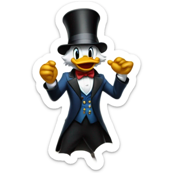 a slim successful looking scrooge mcduck standing atop a pile of money sticker