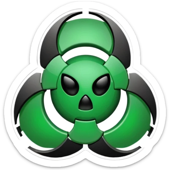 Minimalist emoji-style sticker of a fractured biohazard symbol with a small eye in the center. Stylized, geometric, no text.
 sticker