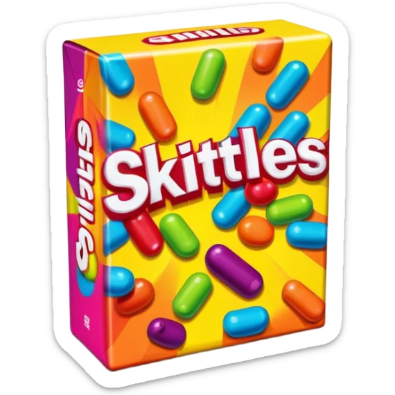 A vintage 90s Skittles package with neon accents, radical 90s American style, old school logo, bright and colorful sticker