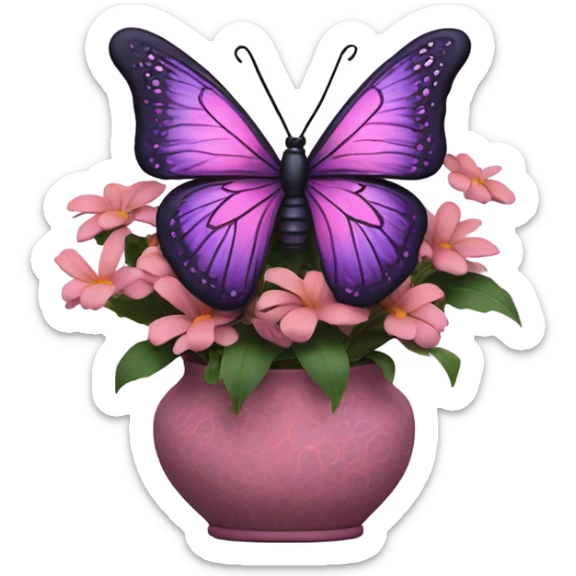 Aesthetic butterfly with purple and pink wings sitting on a dark purple bouquet of Brats in a pastel pink vase  sticker