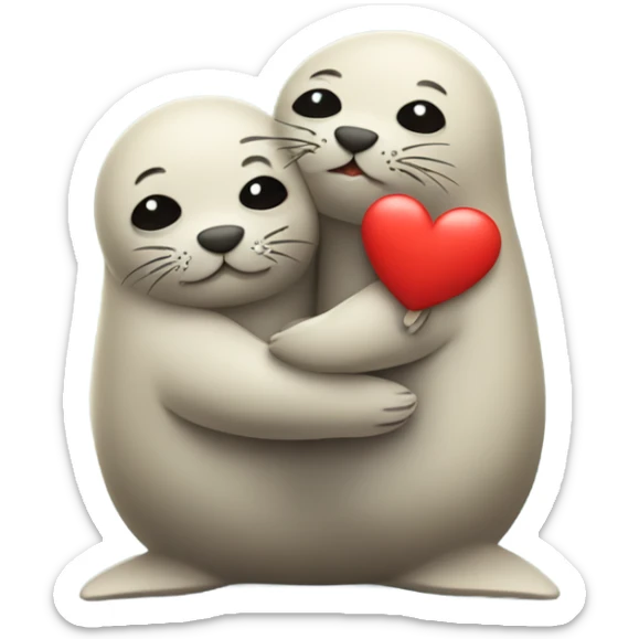 Hugging seals with little red heart emoji in the middle of them sticker
