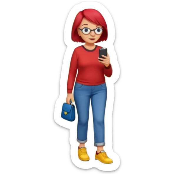 An old lady with red hair, wearing a red shirt, blue jeans, yellow shoes walking in a park holding a cell phone with a text bubble that says Have you checked in to the meetup? sticker