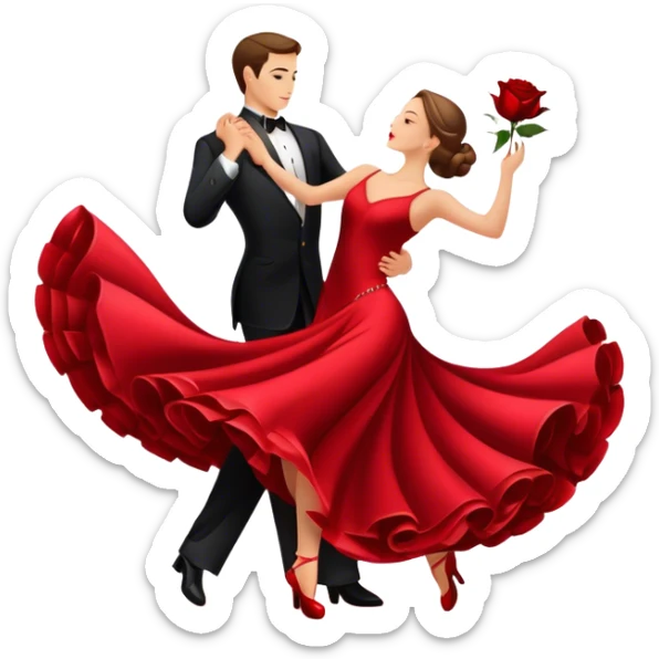 humanless Icon for Ballroom Dancing: a pair of ballroom dance shoes, a rose, a dance floor, a flowing, voluminous ballroom dress in motion, and a shining spotlight. The icon should represent the elegance and atmosphere of ballroom dancing, focusing on the attire and setting. Transparent background. sticker