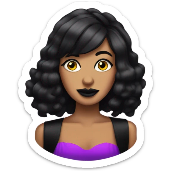 Tanned woman with black hair dressed in 1990s goth hair, makeup, and neon attire  sticker