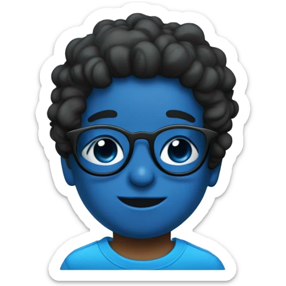 Niño con el pelo negro Y corto gafas azules una camiseta azul con un dibujo  sticker