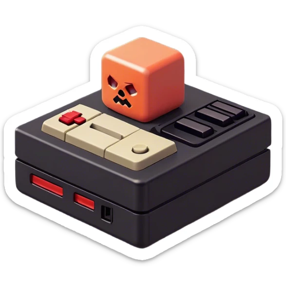 Clash of Clans aesthetic: Cinematic Playful NES Console Portrait Emoji, rendered in a 3D vector-style similar to standard emojis with minimal shading and bold, simplified shapes. A compact, distinct form with signature details, softly glowing with a nostalgic gaming charm. Simplified yet unmistakably iconic, highly detailed and consistent, glowing with a soft radiance and high shine. Stylized with a touch of retro gaming magic and a soft glowing outline, capturing the essence of a beloved gaming relic with a friendly, playful manner! sticker