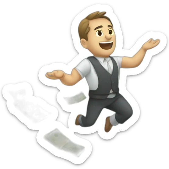 trader wearing a suita lot of money flying arround him  sticker