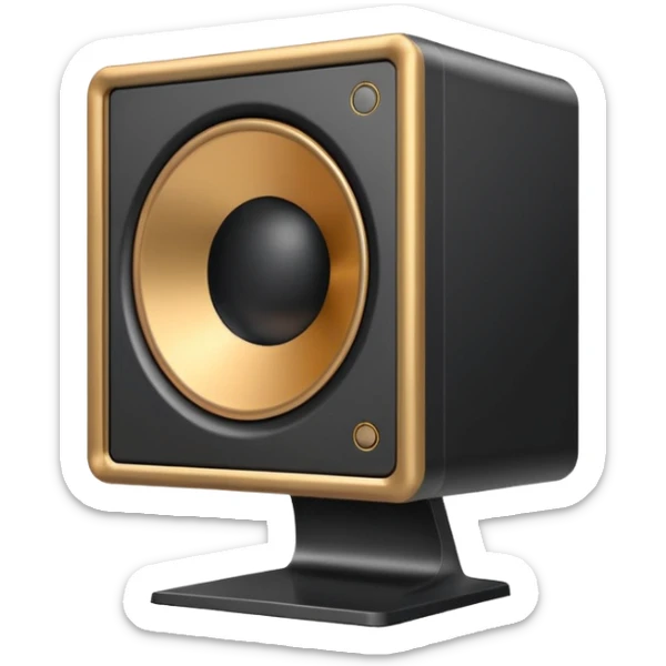 Minimal emoji icon of a modern metallic studio monitor, front view, detailed geometry, dark metallic body, subtle highlights, isolated sticker