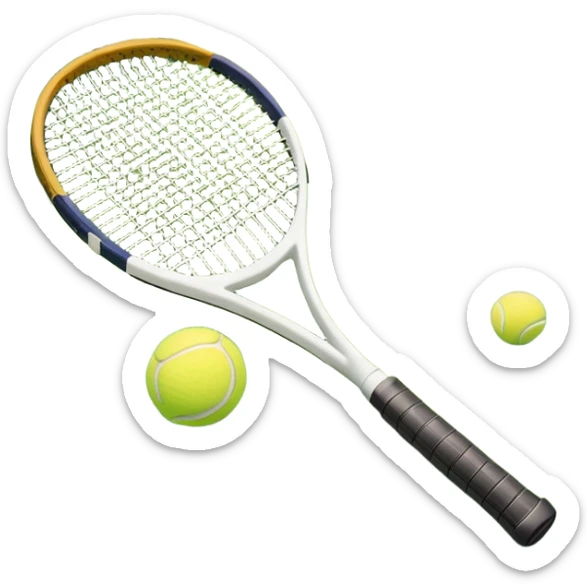 A tennis racket resting on the green grass of a tennis court, with a tennis ball placed nearby and the net stretching across the court. The background captures the fresh, open atmosphere of a traditional grass court, emphasizing the elegance and precision of the sport. sticker