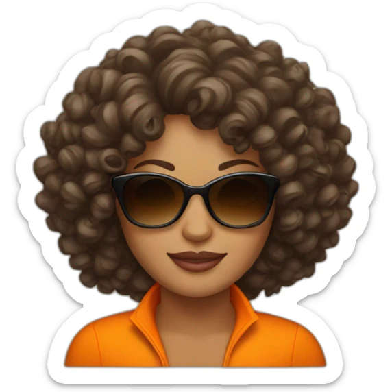 a curly hair brown woman with sunglasses and a orange trucksuit  sticker