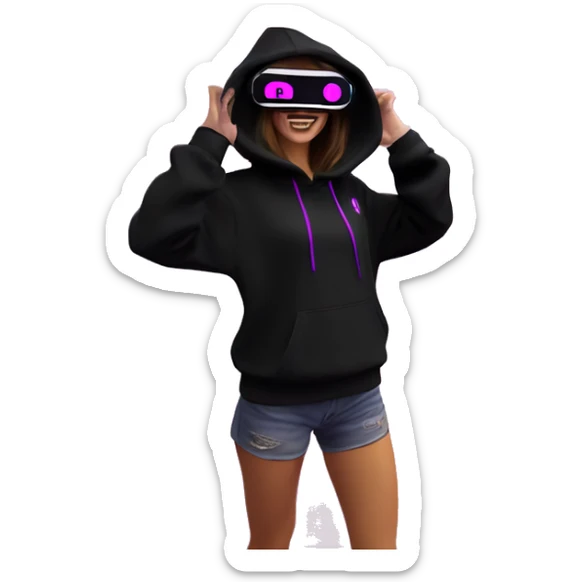 Russian girl wearing black hoody with violet letters "OMG", in vr headset oculus quest2. Dancing. Cyberpunk style. Violet neon. sticker
