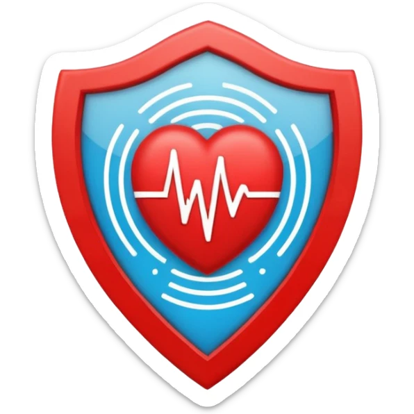 Health monitoring icon, heart inside shield, signal waves, emoji style, modern clinic branding sticker