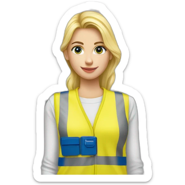 Ikea coworker blond woman blue stripes blue t-shirt and yellow security vest scanning palets sticker