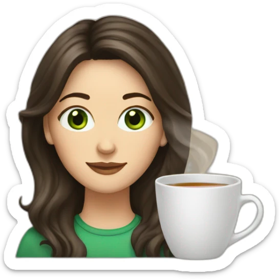 White woman with long dark brown hair with highlights, green eyes and a big mug of tea sticker
