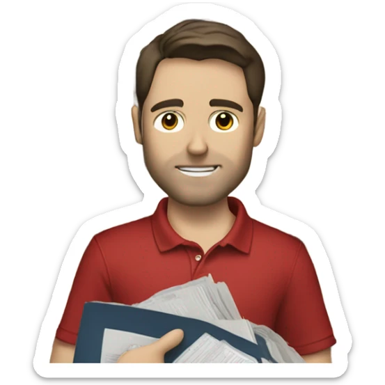 brunette man wearing red polo overtop a white shirt and really baggy jeans looking at records, pale skinned sticker