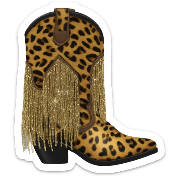 Realistic leopard print fashion cowgirl boots with sparkly shiny glitter fringe on them. sticker