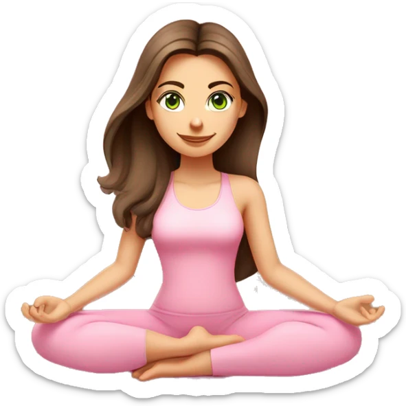 Brunette long hair and green eyes yoga beautiful girl in light pink pink pink clothes sitting on a yoga mat sticker