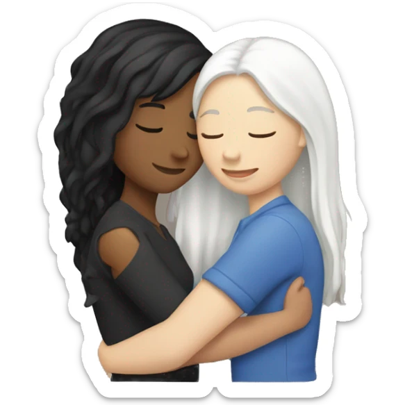 A lesbian couple who both have white skin and long black hair are hugging intimately. sticker