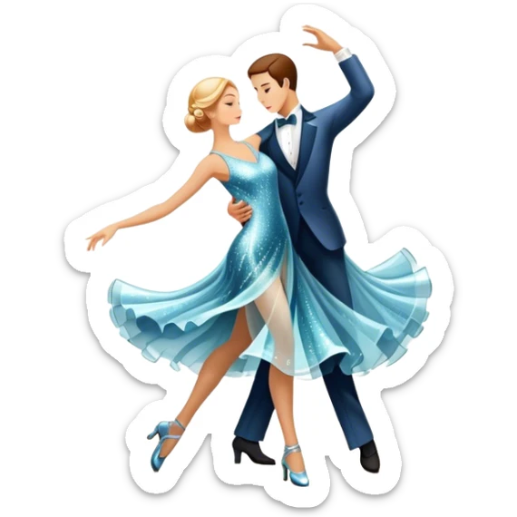 Humanless Icon for Ballroom Dance: elegant ballroom dance shoes, a sparkling dress, and a dance floor with a spotlight. The icon should capture the grace and elegance of ballroom dancing, with emphasis on movement and rhythm. Transparent background. sticker