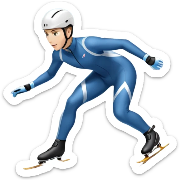 An icon showing a professional speed skater leaning into a turn on a polished ice track, dressed in a sleek suit and helmet. The scene includes a grand arena, snow-covered mountains in the distance, and a crisp blue sky. Transparent background highlights speed and precision. sticker