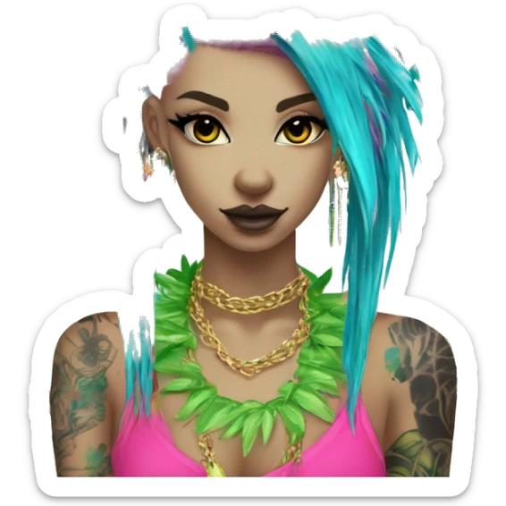 Punk tropical palm leaves flowers Chinese crested dog neon rainbow cyan blue lime green pink hair gold chain punk piercings tattoos punk ear piercings sticker