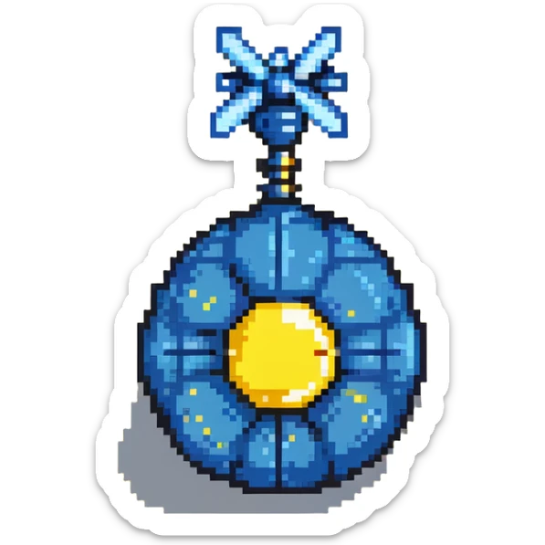 Blue digital bomb with blue antenna-like fuse at the top, round black bomb body with blue accents, pixel art style sticker