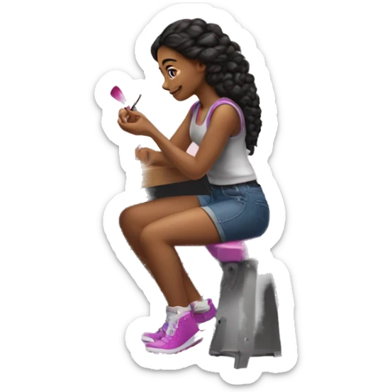 a girl, sitting near the workbench, putting nail polish on her nails. sticker